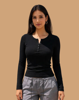 Roopaasi Classic Black Full Sleeve Henley Top RO-TS-BK-FSL
